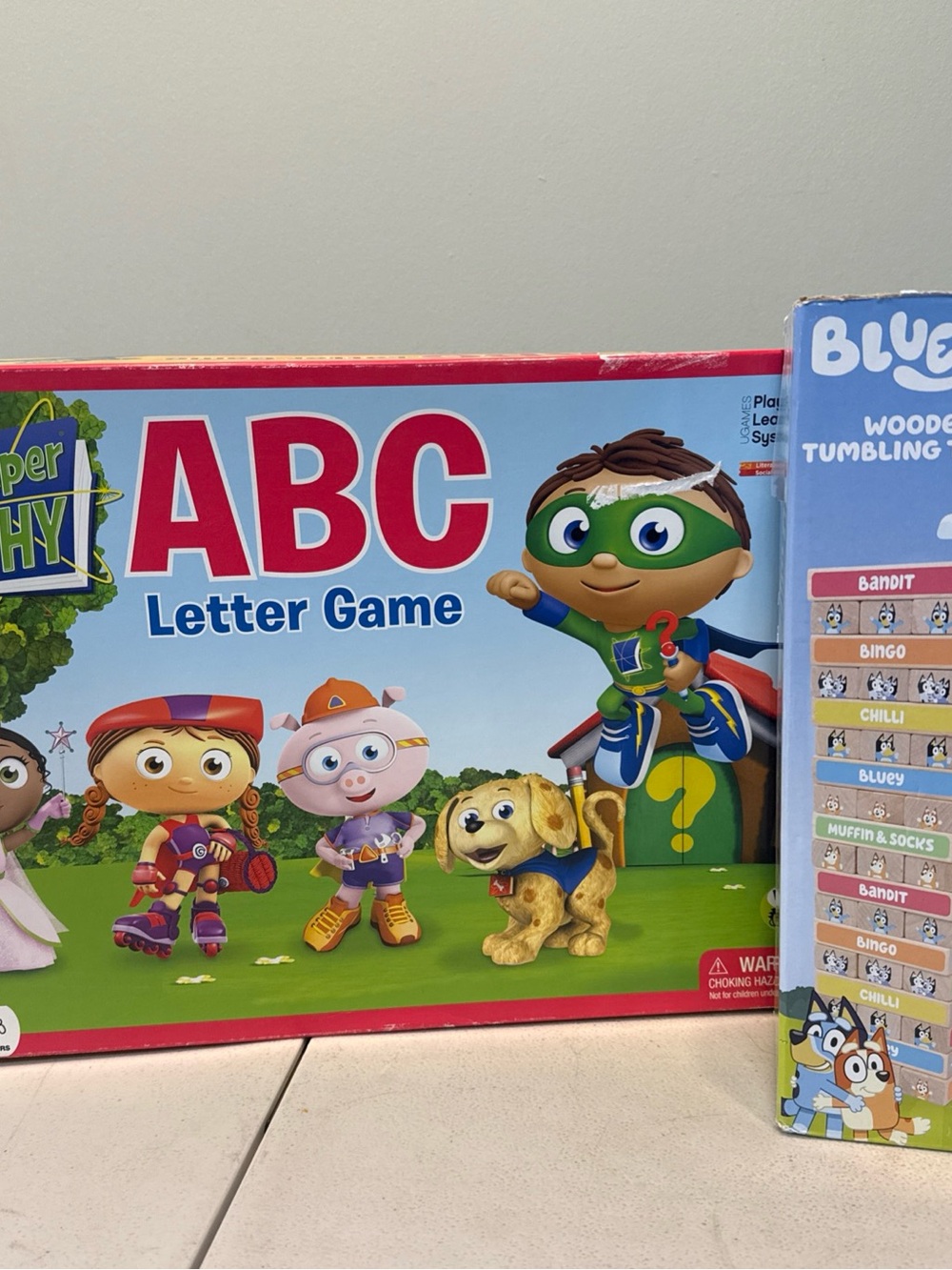 preschool super Why ABC Letter Game +bluey tumbling tower 3+ ALL PIECES!